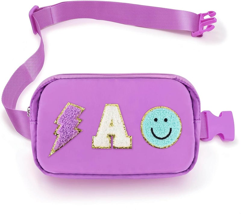 PainZieteg Fanny Pack for Girls Chenille A Letter Crossbody Bag, Preppy Nylon Kids Belt Bag for Birthday Christmas Graduation Personalized Gifts for Teen Girls, Purple - Image 1